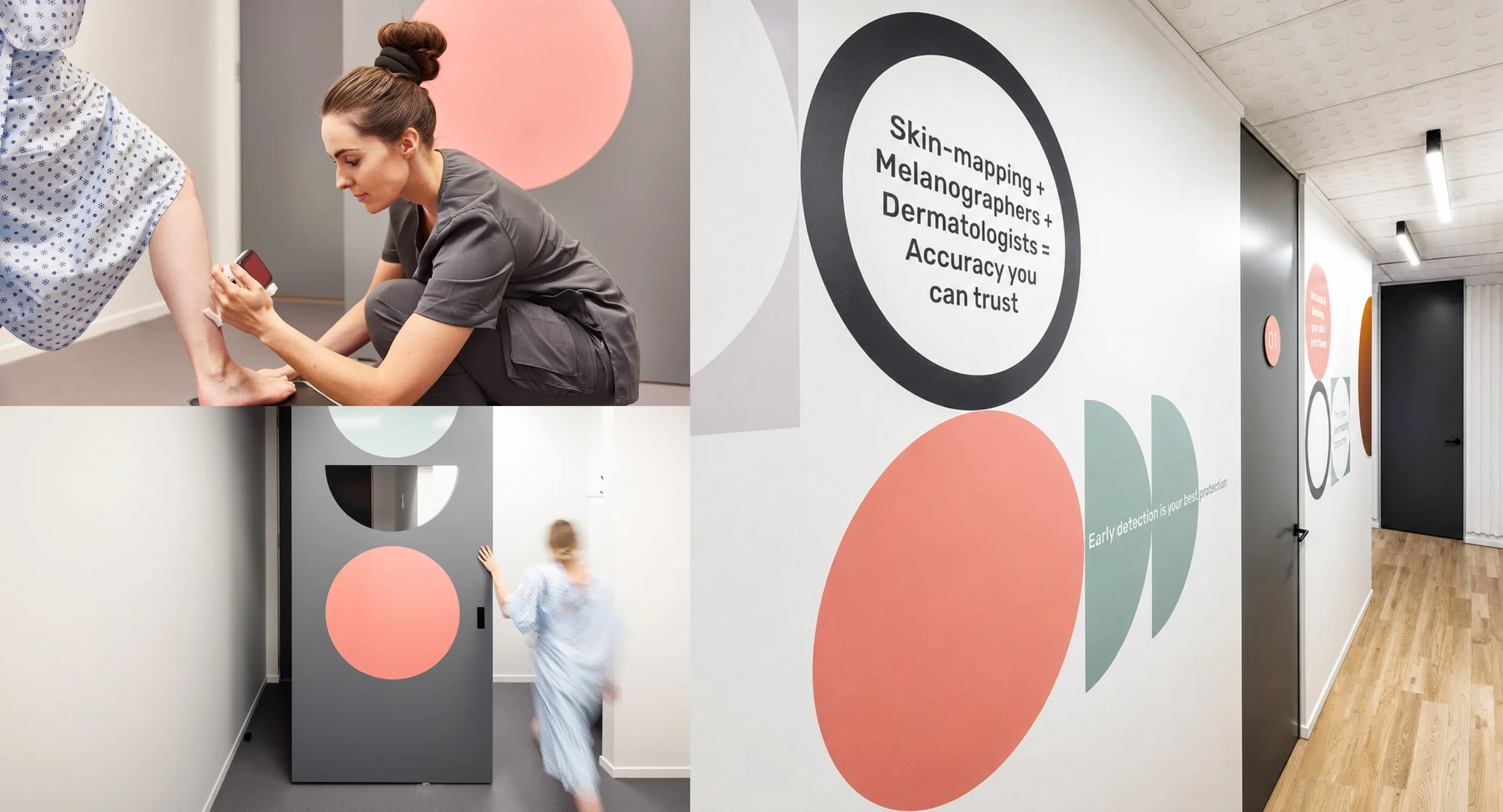 A healthcare professional checks a patient's arm with a device, possibly at a dermatology or skin clinic. The setting includes colorful, abstract wall art and a sign mentioning skin mapping, melano graphers, and dermatologists, indicating a focus on skin health and accuracy in diagnosis.