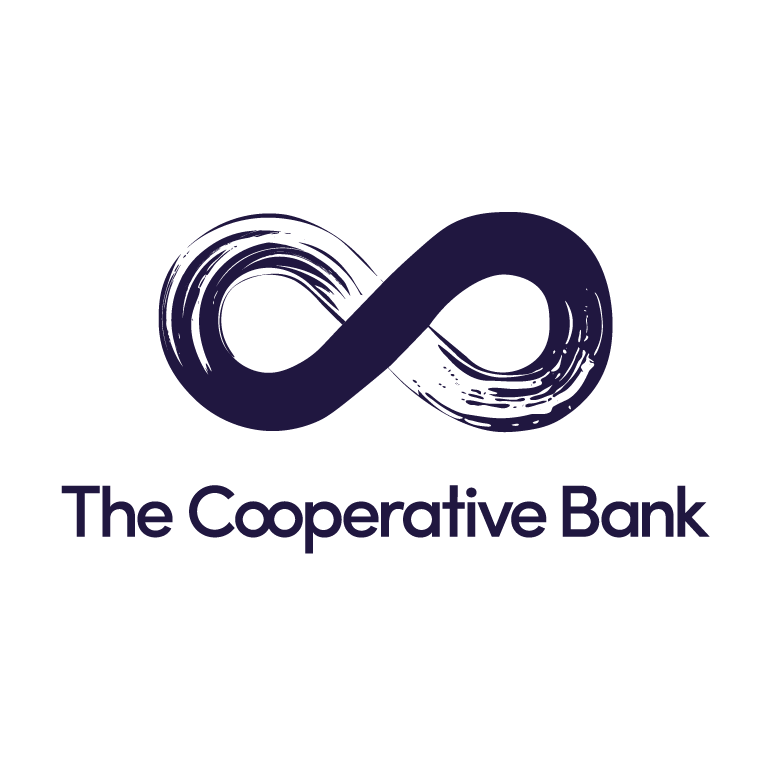 The logo of The Cooperative Bank features a dark, stylized infinity symbol with a textured, brushstroke appearance, and the bank's name written below in bold, dark purple letters.