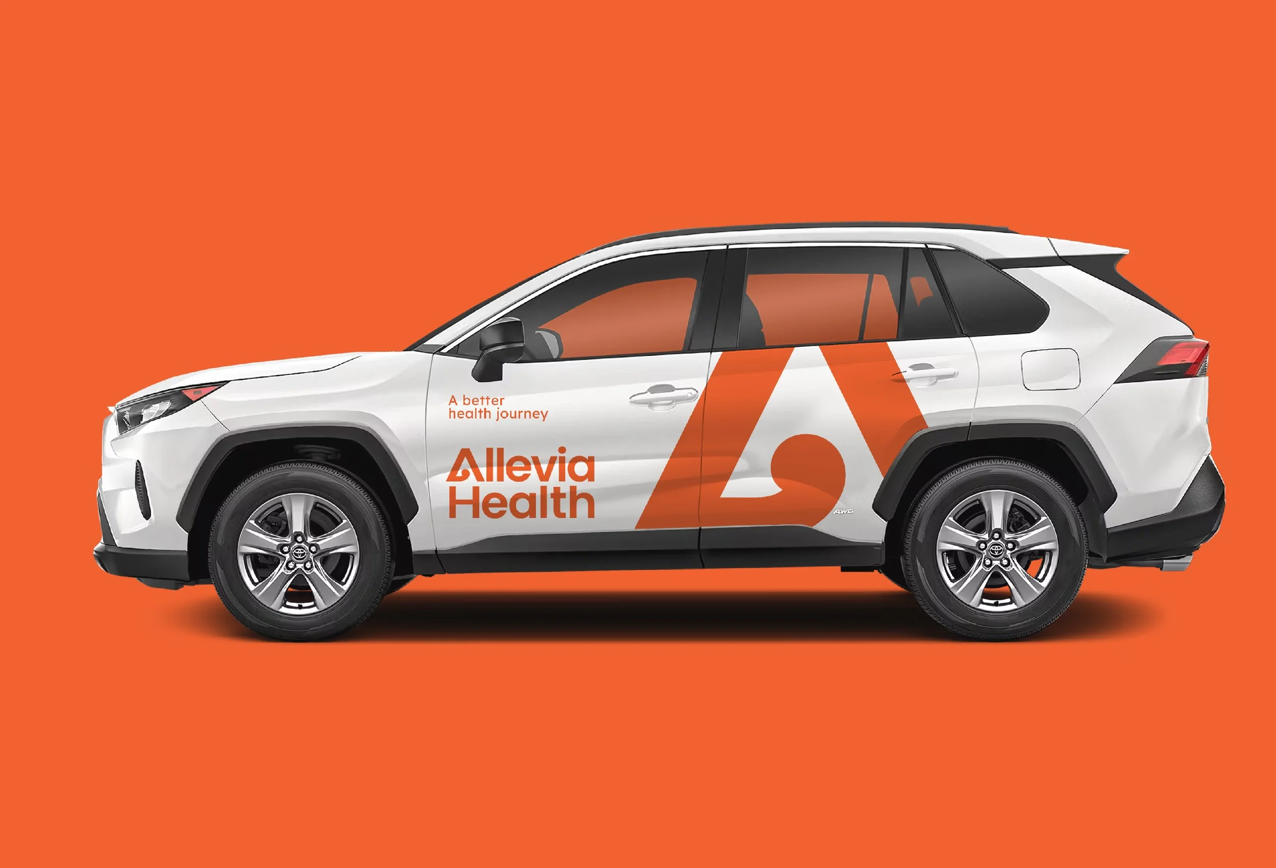 A white SUV with orange branding for Allevia Health and the slogan "A better health journey" on the side, set against an orange background.