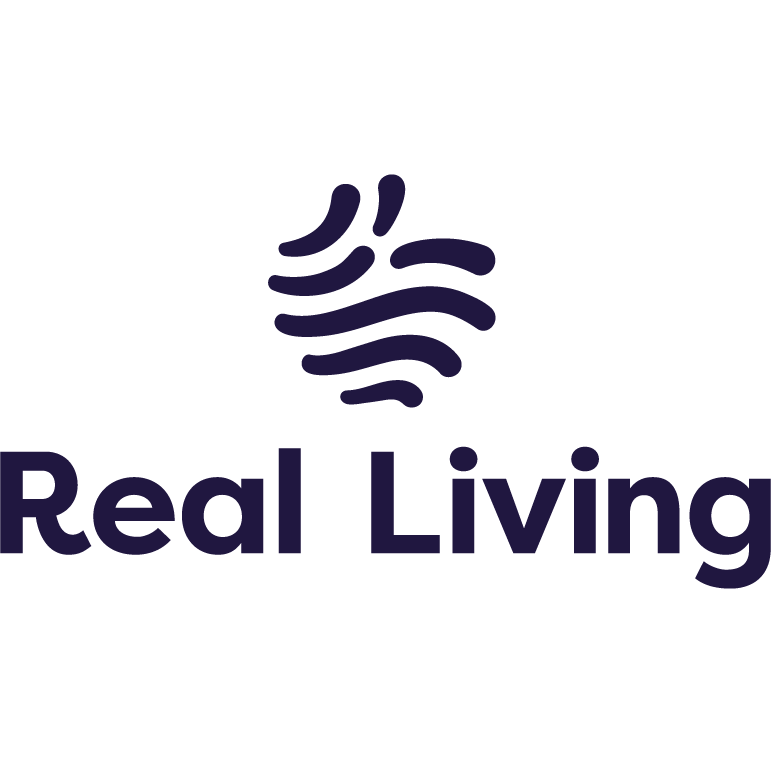 Logo with stylized waves above the words 'Real Living' in dark blue font.