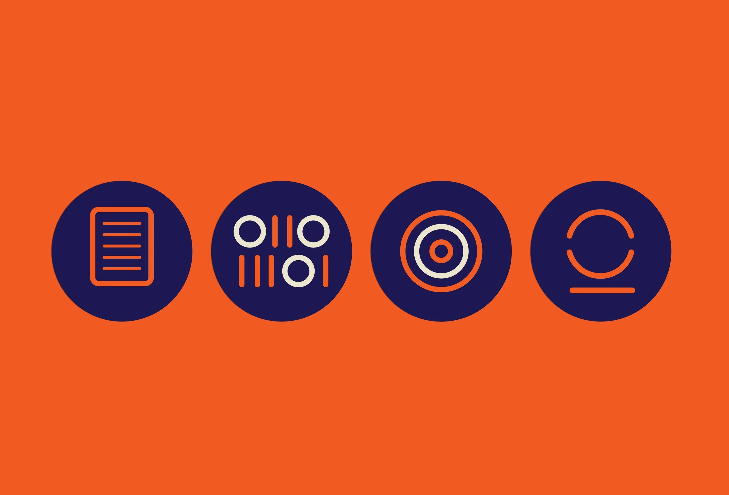 Four navy blue circles with orange line art symbols on an orange background. The symbols depict a document, a grid of squares, concentric circles, and a smiley face.