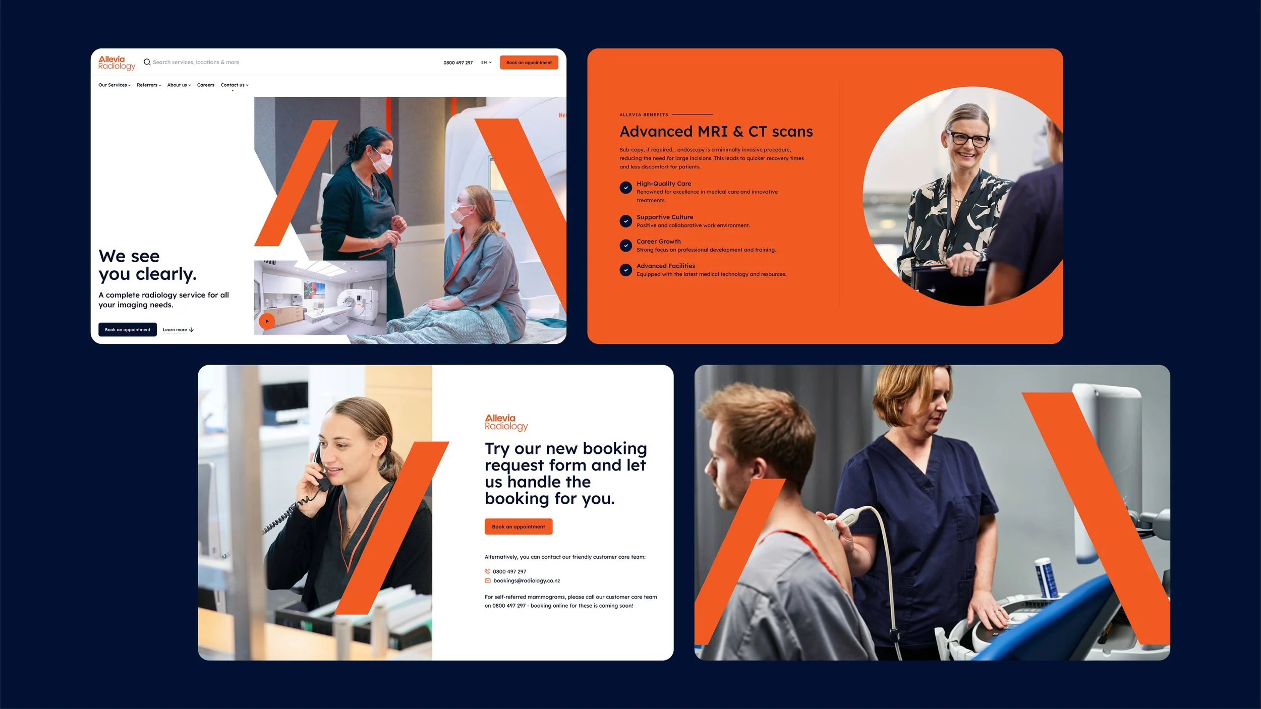 Screenshot of a website for Allevia Radiology featuring images of medical professionals, patients, and radiology equipment, with orange and navy blue design elements.