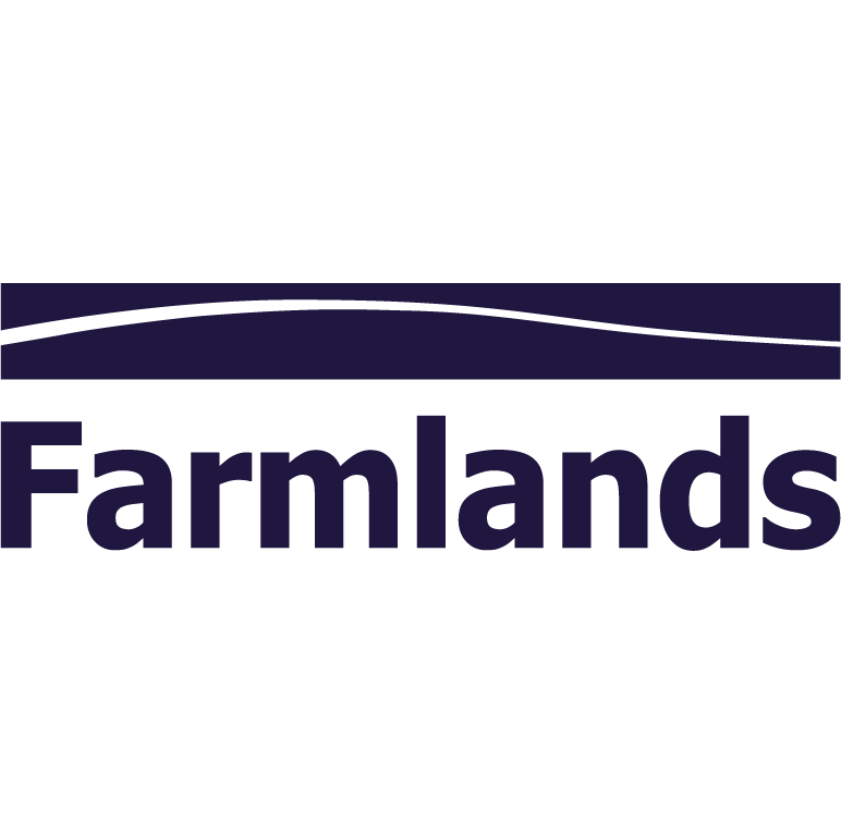 Logo with a wave design above the text 'Farmlands' in dark purple.
