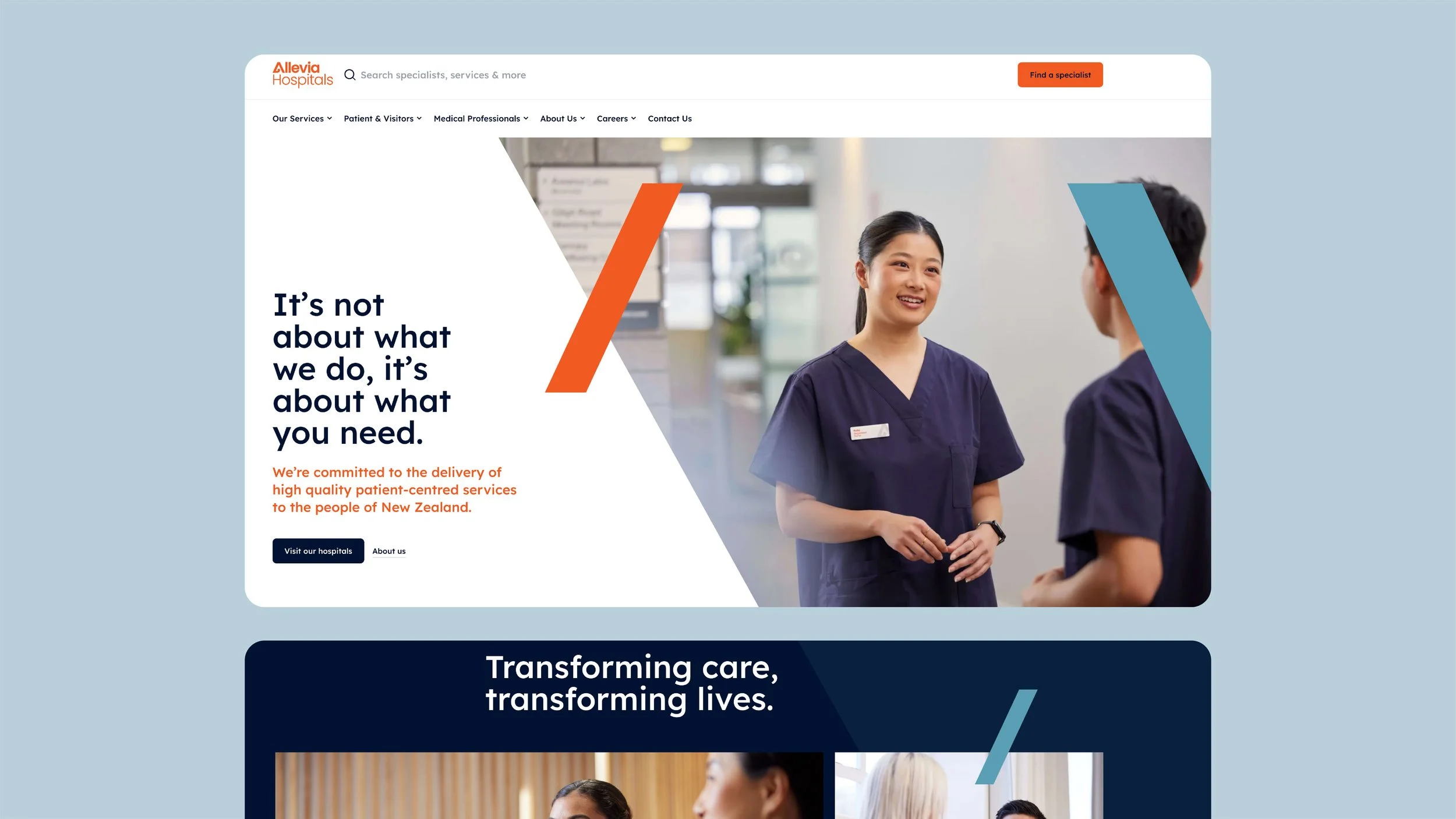 Allevia Hospitals website homepage featuring a female healthcare professional in scrubs talking to a colleague in a hospital setting with text emphasizing patient-centered services.