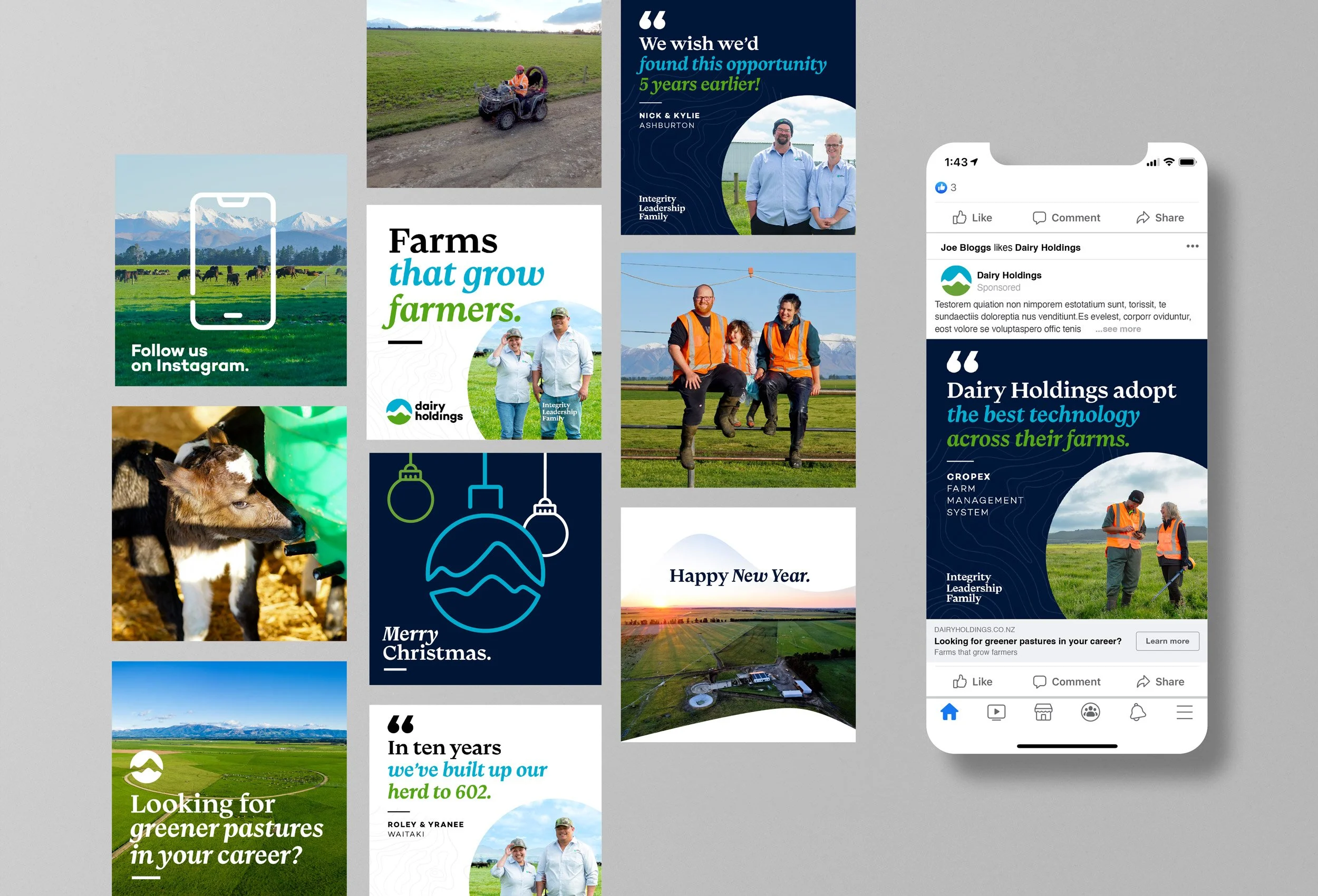 A collage of images related to farms, farming, and agriculture. Includes pictures of cattle, farmers, farm fields, and farm equipment. Some images contain text with messages like "Farms that grow farmers," "Looking for greener pastures in your career?" and references to dairy holdings and farm management.