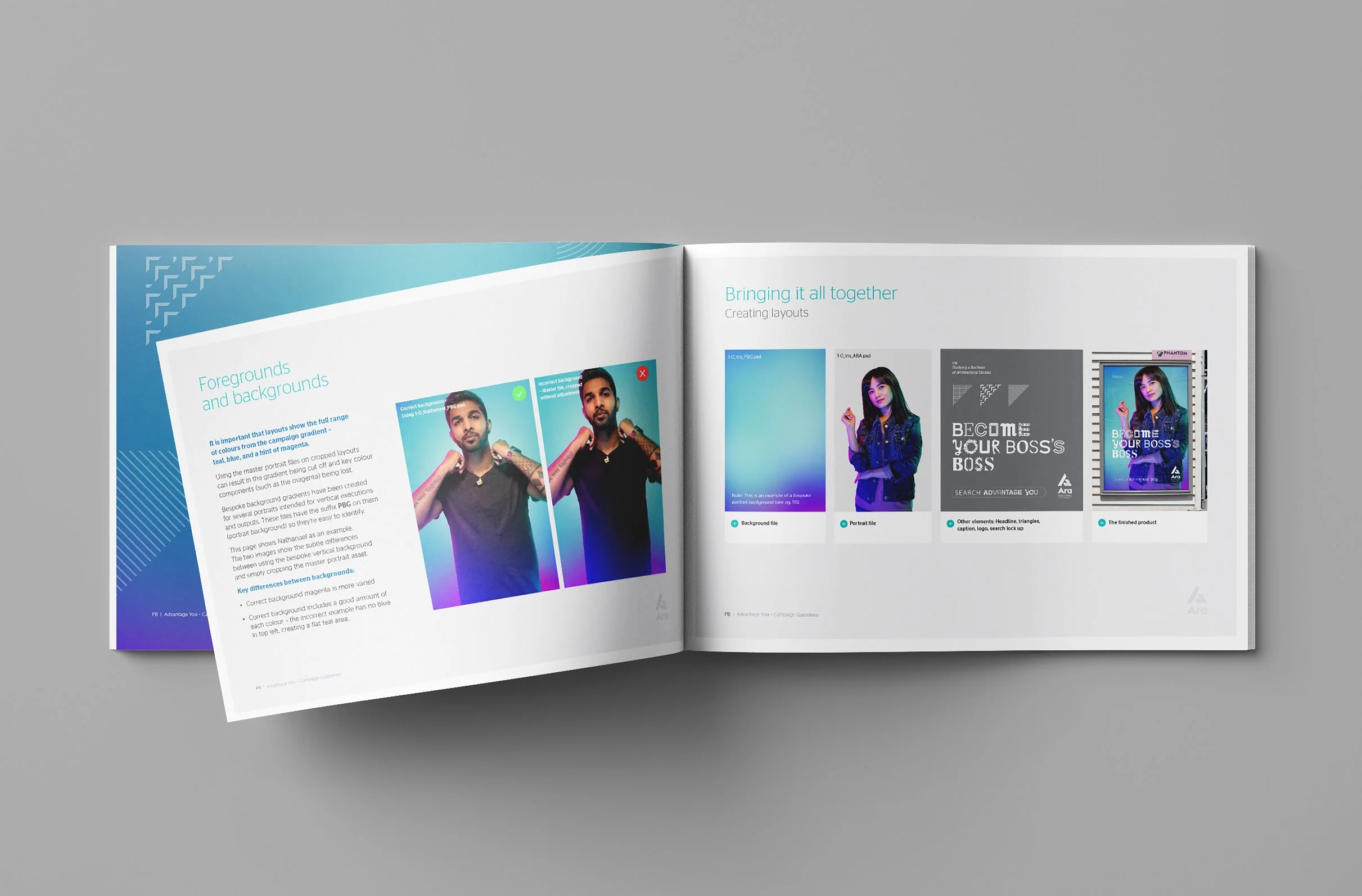 Open magazine showing pages about creating layouts, with images of people and various design elements, on a gray surface.