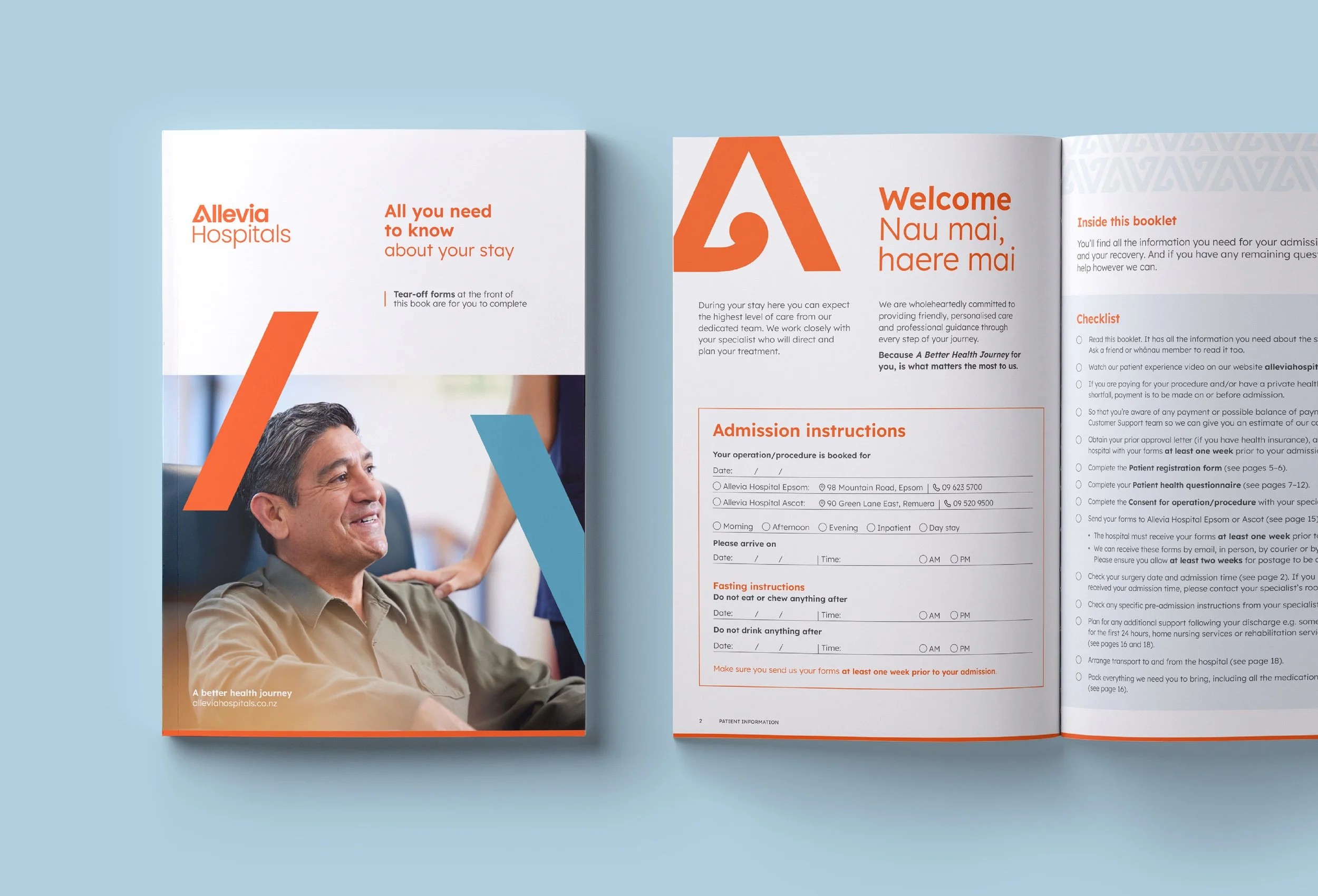 Open brochure for Allevia Hospitals featuring a smiling man and various text sections about hospital stay information and admission instructions on a light blue background.