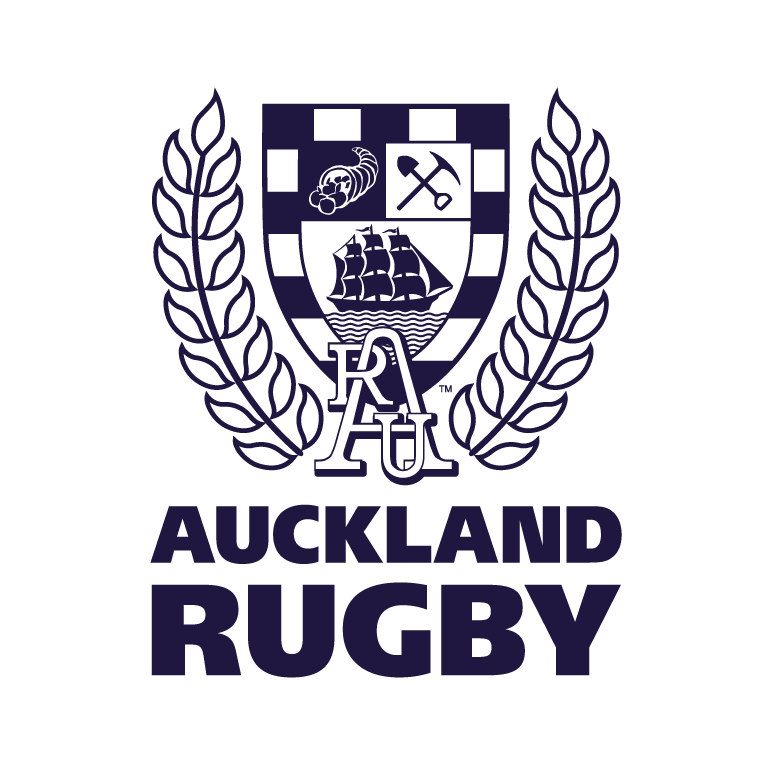 A logo for Auckland Rugby featuring a shield with a sailing ship, a Maori moko mask, a Maori hammer, and a rugby ball, flanked by two laurel branches, with the words "Auckland Rugby" underneath.