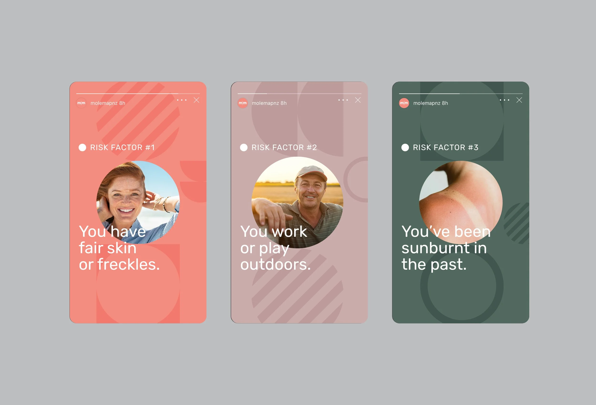 Three informational cards on skin health, each with a different background color, a circular image of a person, and text about skin issues such as fair skin or freckles, outdoor play, and sunburn.