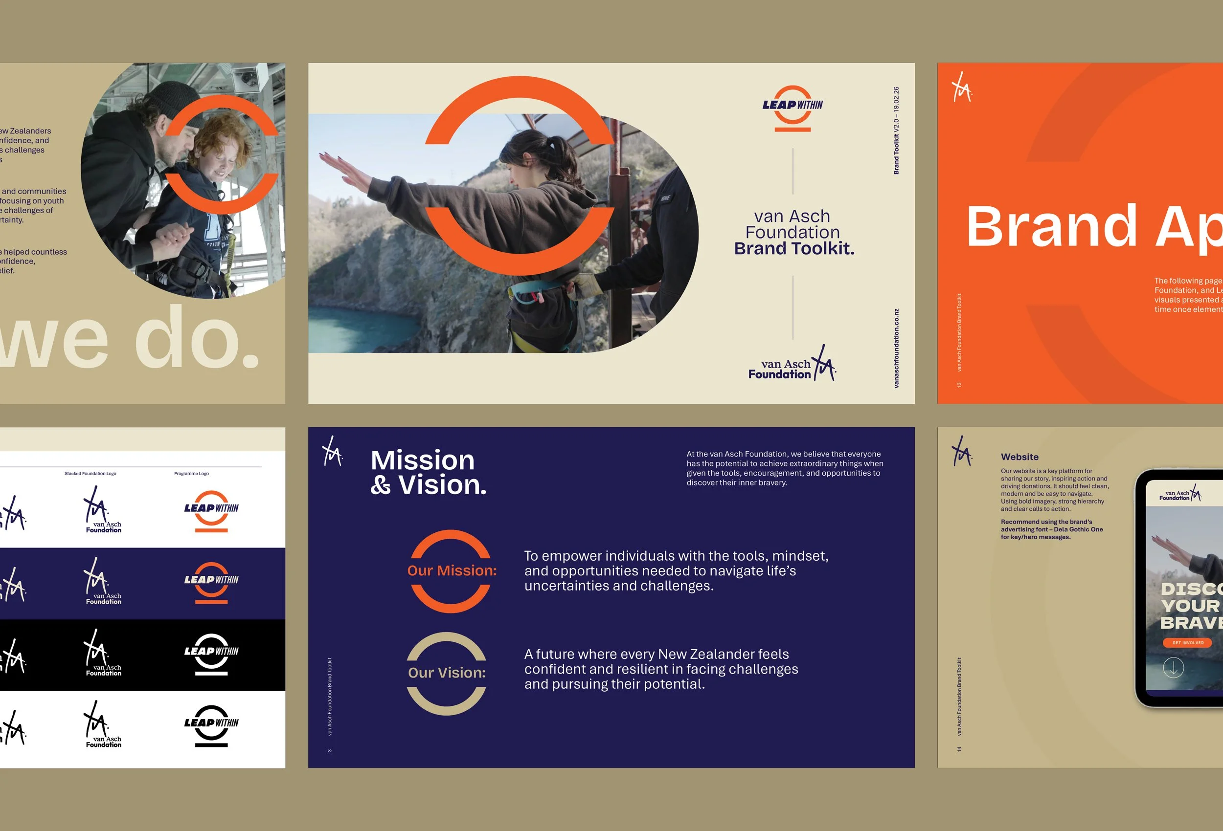 The image contains several pages of a brand toolkit document from the Van Asch Foundation, with colorful sections, logos, and images of people engaging in outdoor activities, such as a woman extending her arm and another person helping her.