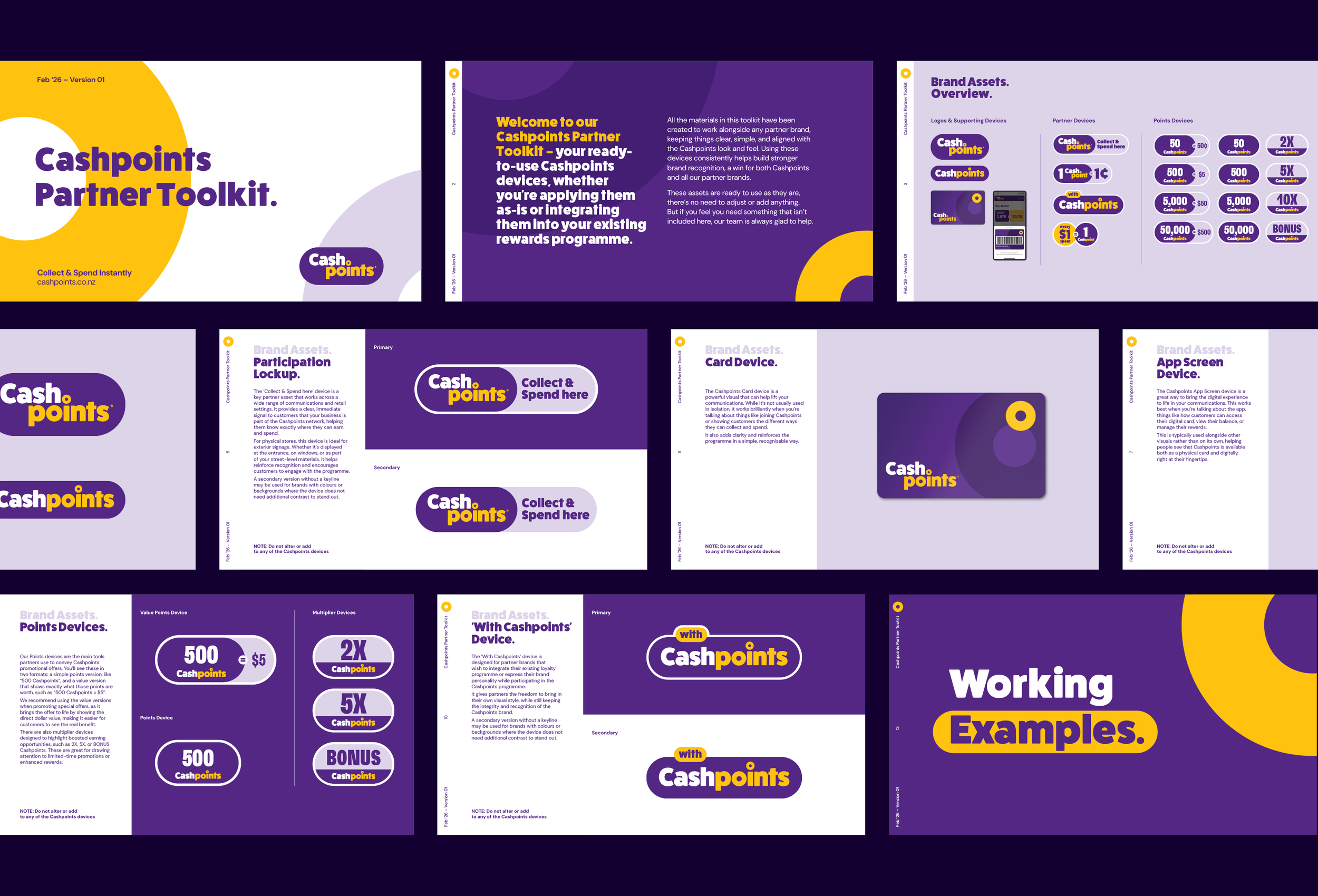 A collection of digital presentation slides about Cashpoints Partner Toolkit, featuring titles, diagrams, and information on brand assets and reward programs, primarily using purple, yellow, and white colors.