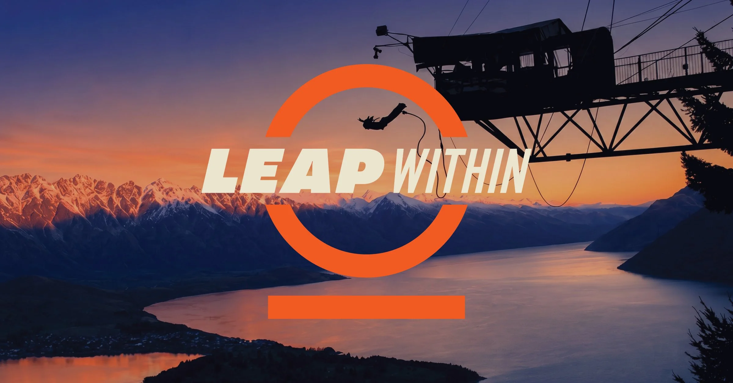 Sunset over snow-capped mountains with a river in the foreground, ski lift tower, and the text 'LEAP WITHIN' overlaid in the center.