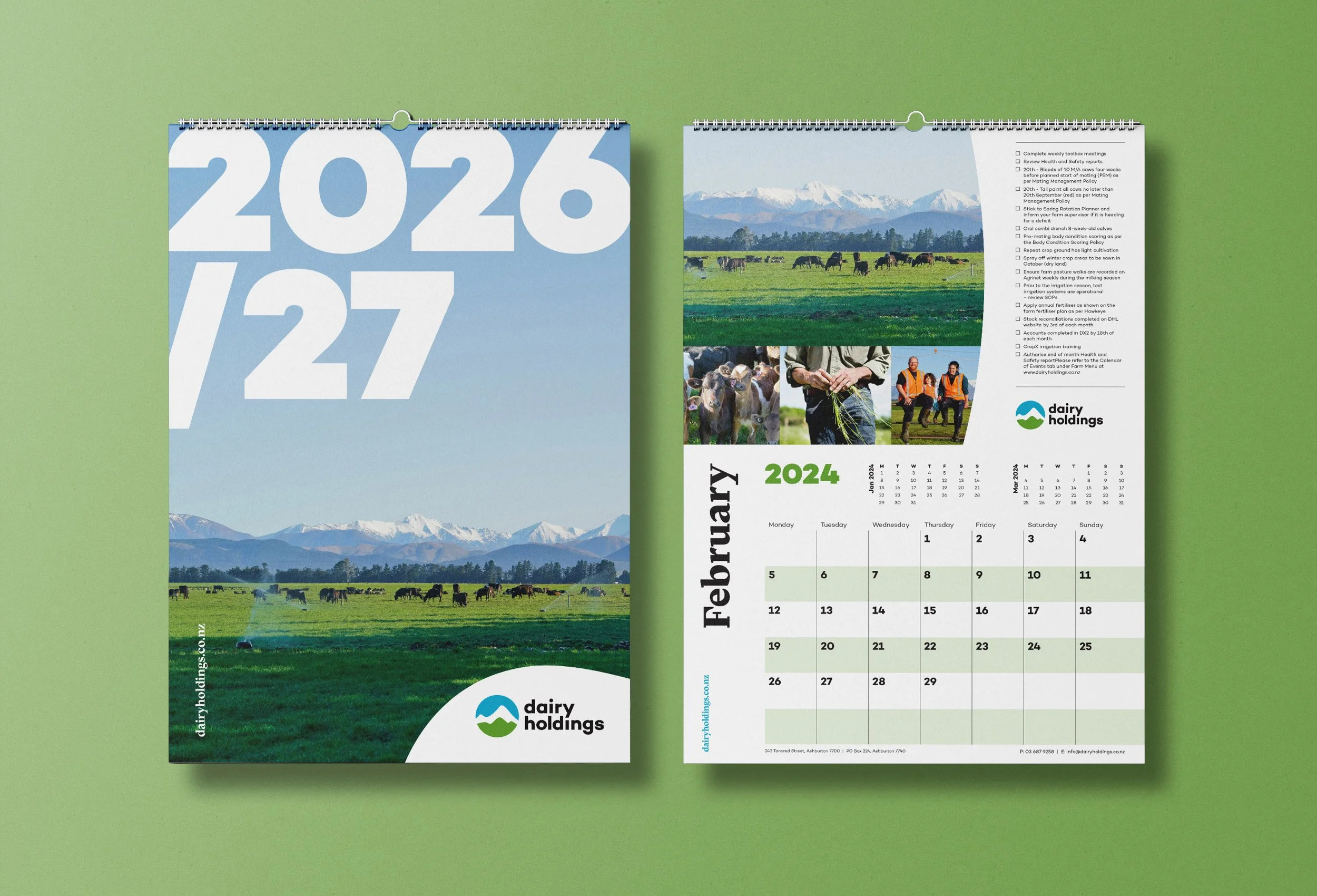 A calendar page for February 2024 with a scenic photo of a green field with cows and a mountain range in the background.