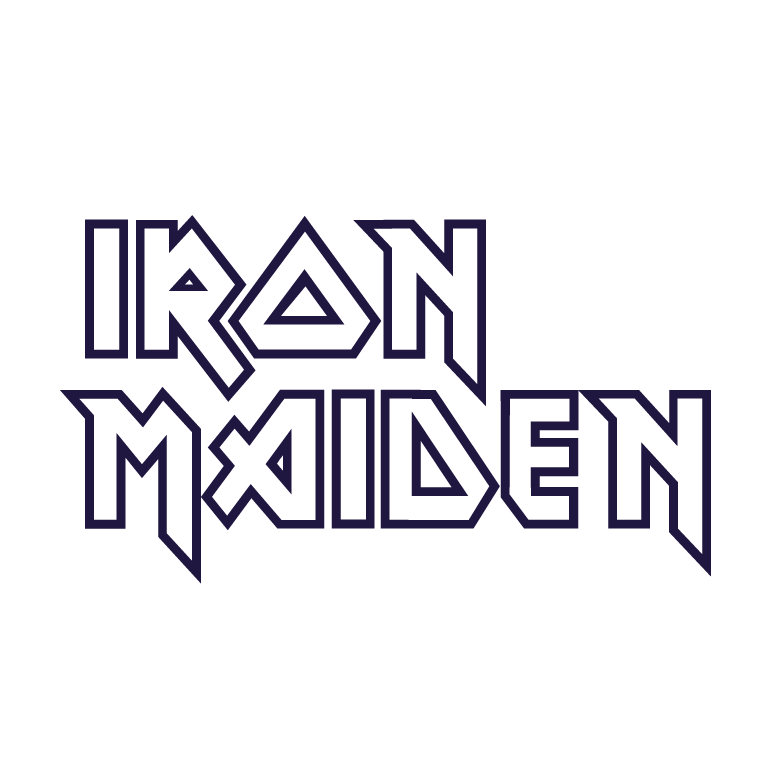 The Iron Maiden logo in purple outline on a black background.