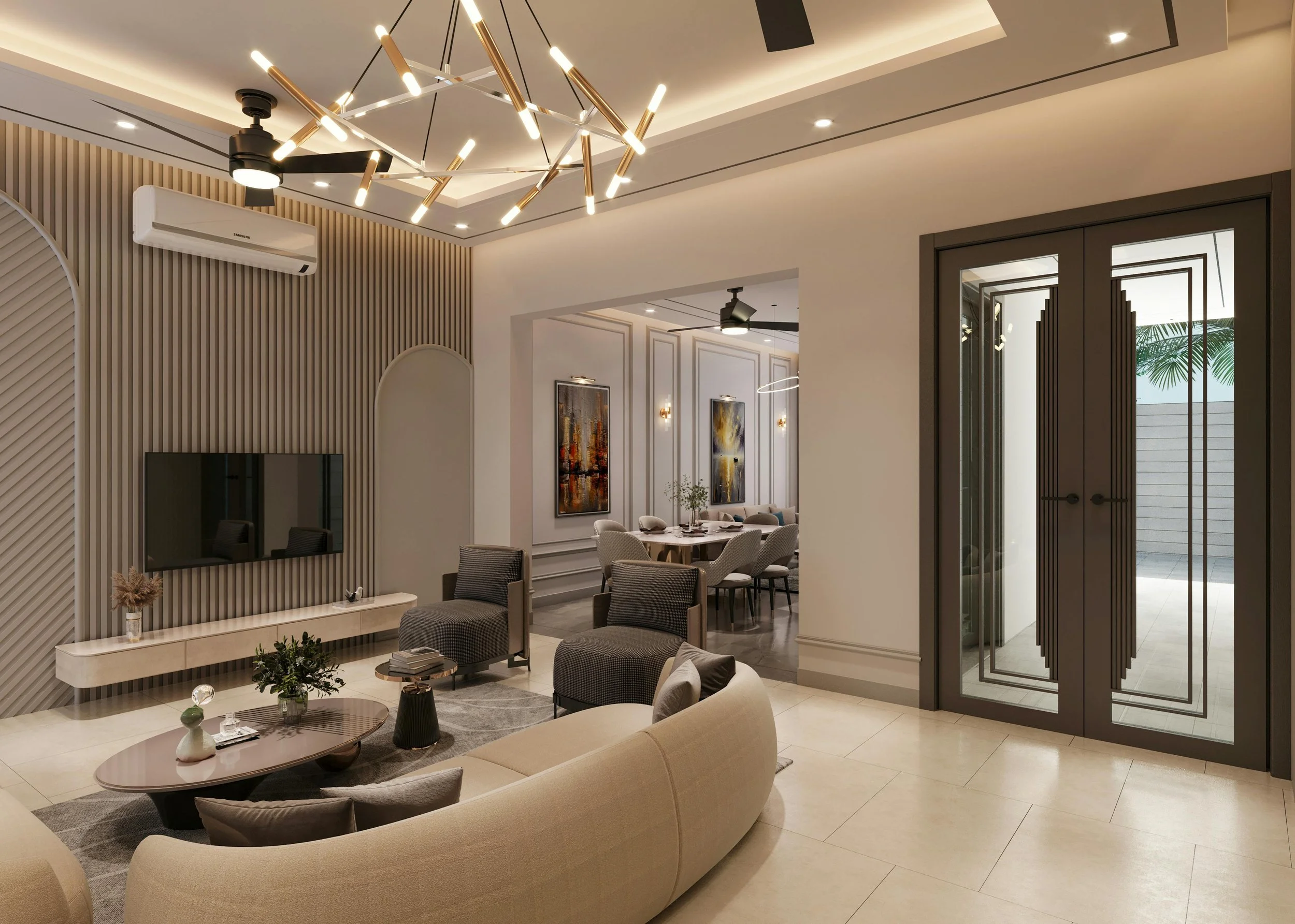Modern living room with neutral-colored furniture, wall-mounted TV, decorative wall panels, abstract paintings, and large glass doors leading outside. Elegant lighting fixtures and a glimpse into the dining area are also visible.
