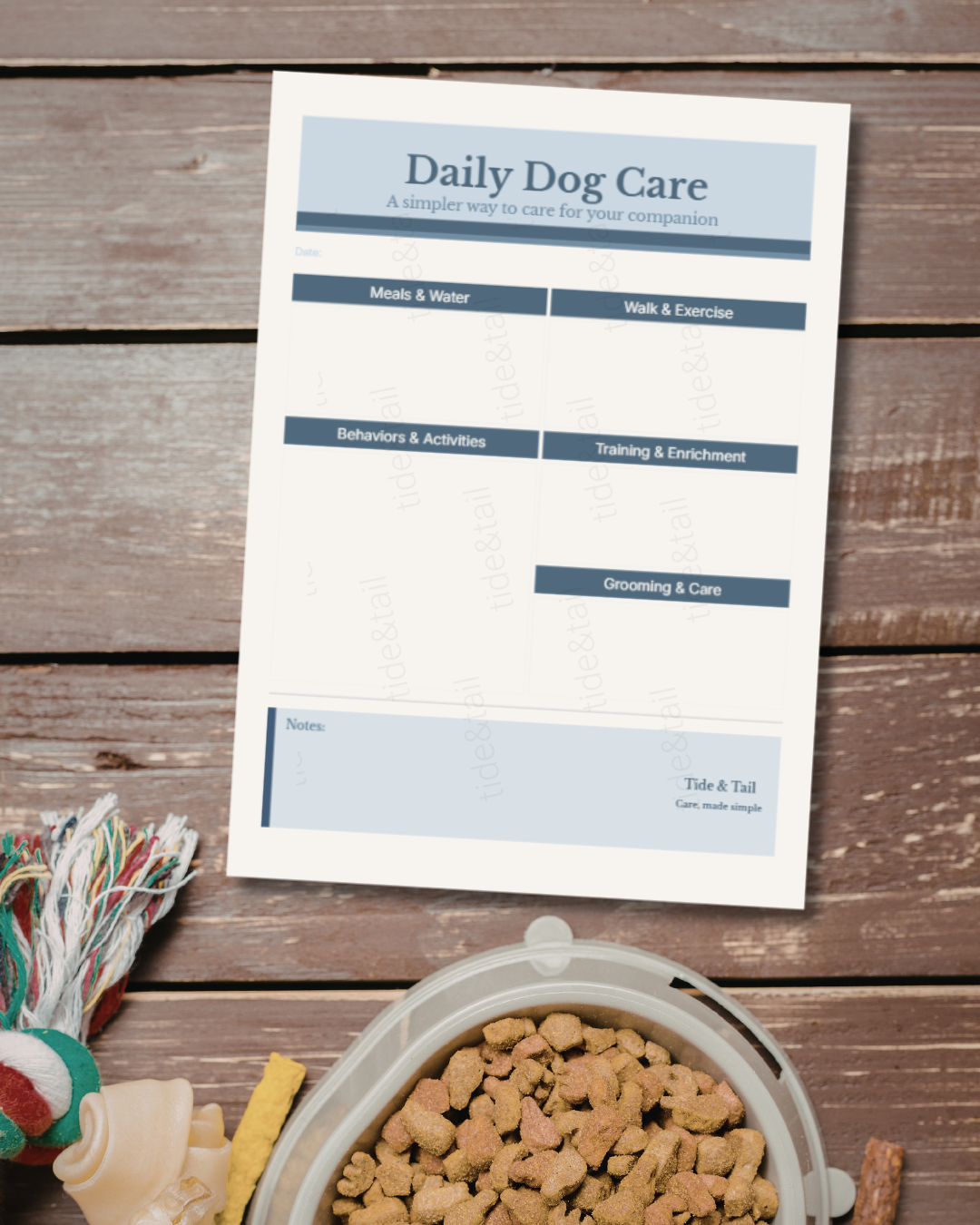 blue daily dog care planning guide pdf digital download with dog toys and neutral planning page