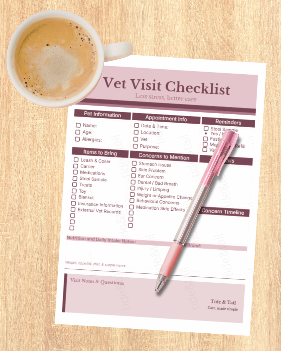 Vet Visit Checklist Printable | Dog Health Appointment Planner & Pet Care PDF