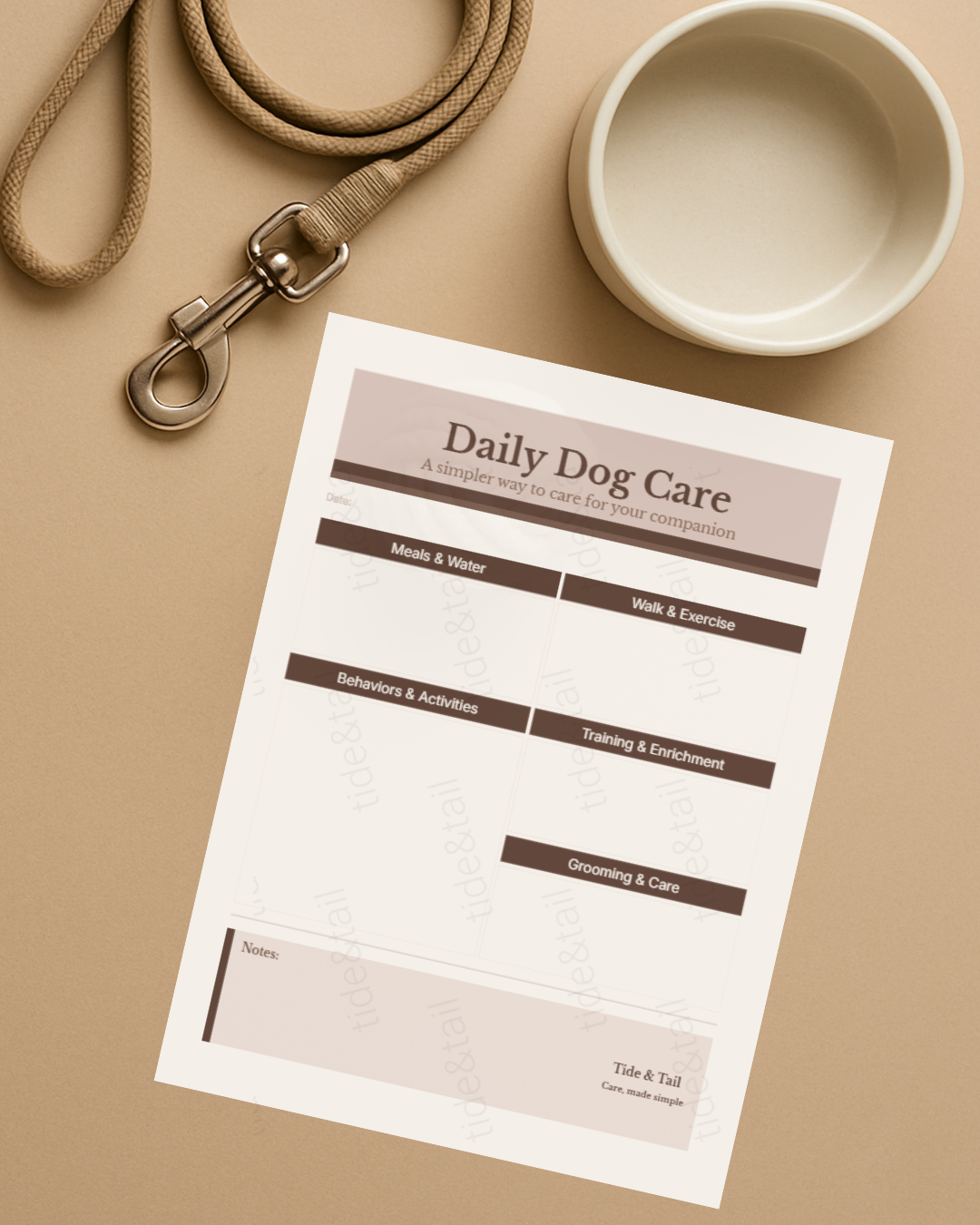 Daily Dog Care PDF Download, brown background with leash and pet bowl, daily dog routine planning page in center. Neutral tones