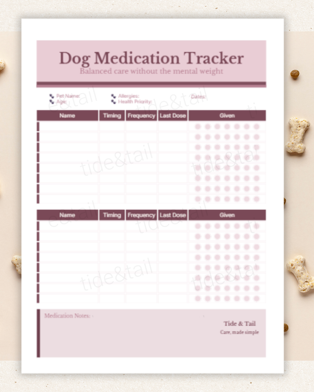 Dog Medication Tracker Printable | Pet Medicine Log & Vet Care Organizer PDF