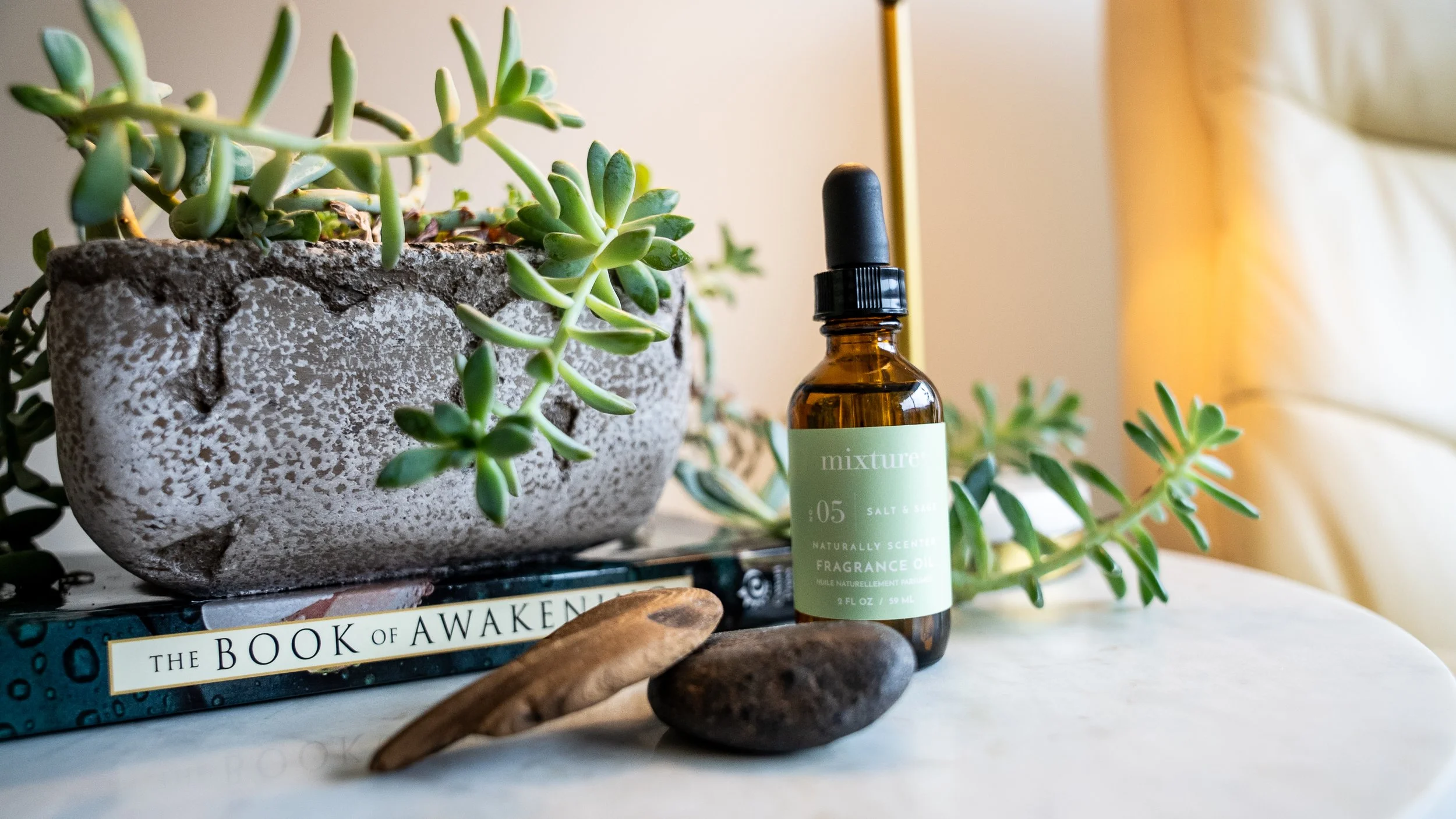 Close-up of a textured stone planter filled with green succulent plants on a white surface. Next to the planter is a small amber glass dropper bottle labeled natural fragrance oil. A book titled 'The Book of Awakening' is partially visible underneath the plant and bottle, with some smooth stones placed in front.