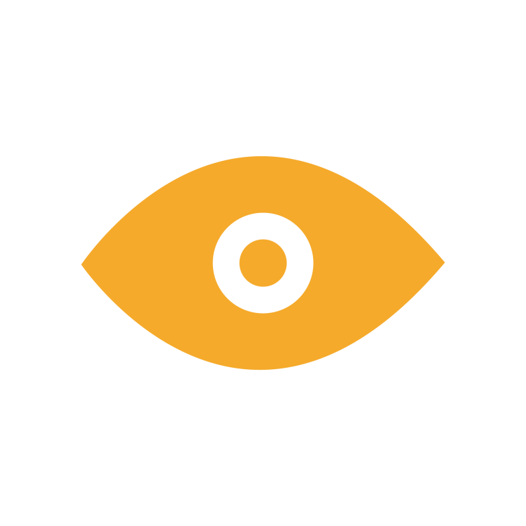 Een oog met een gele iris en een zwarte pupil.