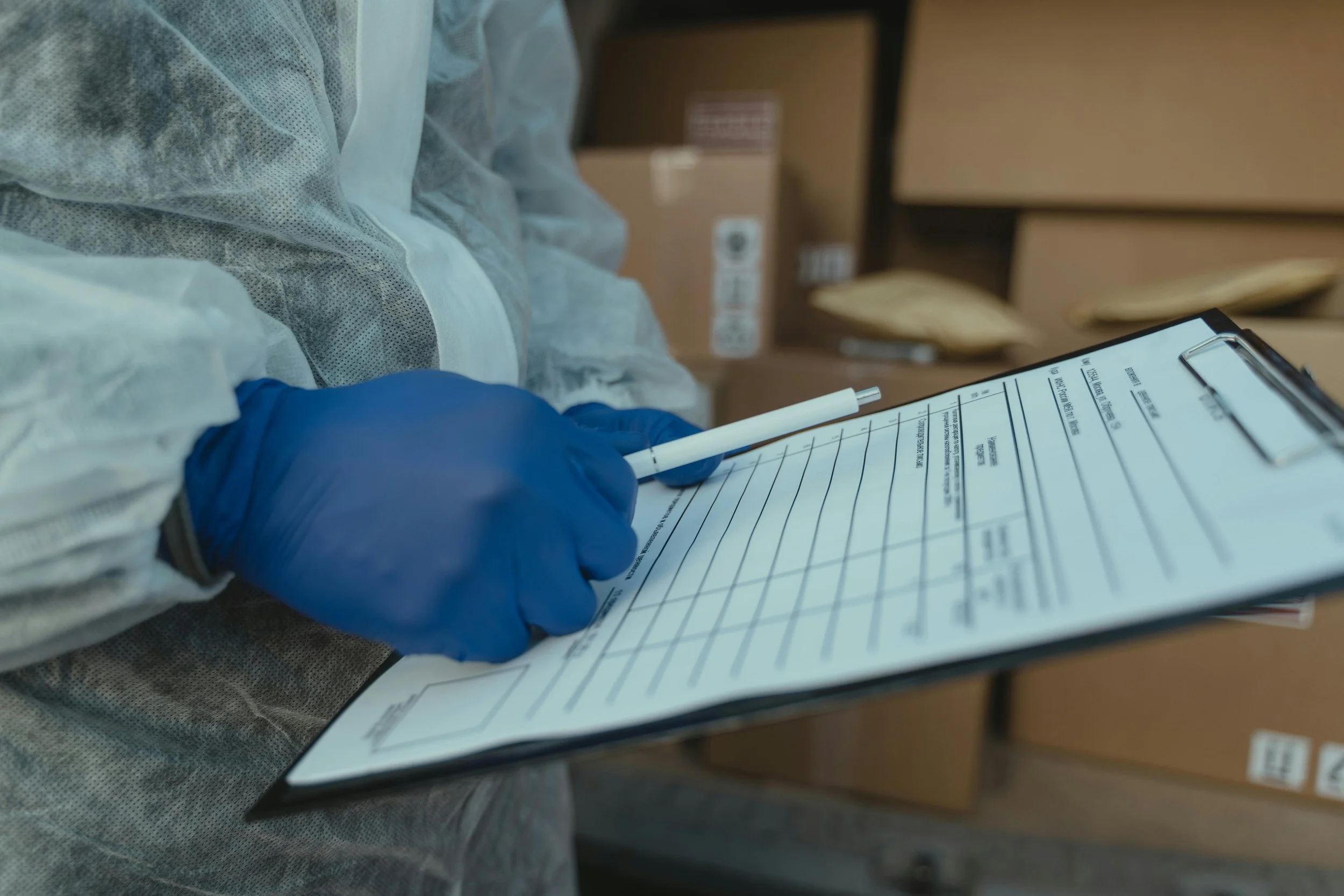 Persoon in medische beschermkleding en handschoenen schrijft op een medische formulier of klinisch document.