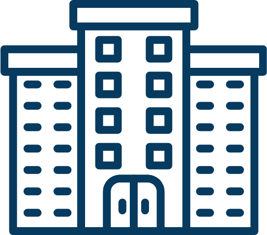 Een schematische illustratie van een hoog gebouw met meerdere verdiepingen en dubbele deuren aan de ingang.