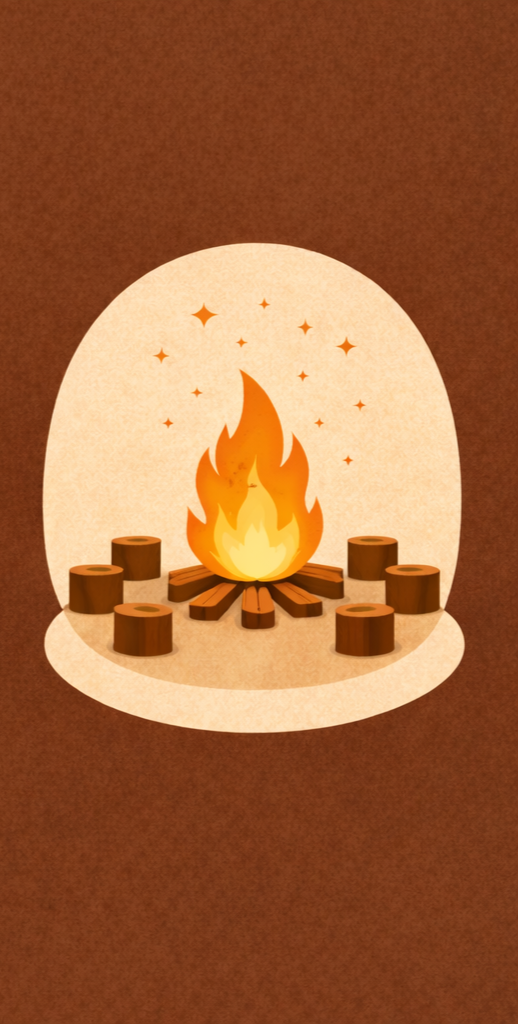 Illustration of a campfire with flames surrounded by wooden logs, set inside a cozy stone fireplace with a warm glow.