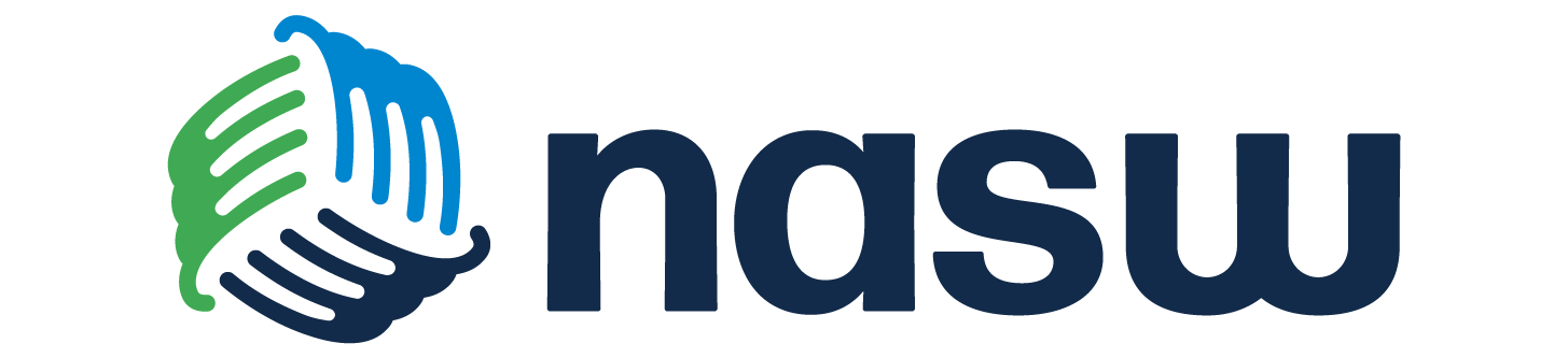 Logo for NASW, National Association of Social Workers, featuring a stylized globe made of green and blue swirls and the acronym 'nasw' in lowercase blue letters.