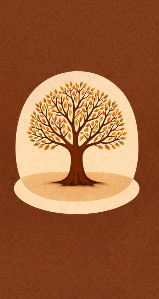 Illustration of a tree with brown trunk and branches, and multicolored leaves inside a glass dome on a brown background.