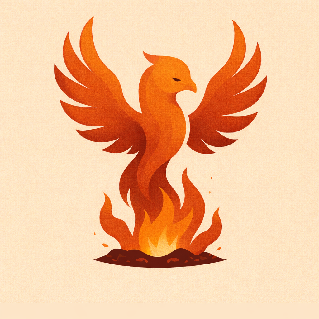 A stylized illustration of a phoenix rising from flames with outstretched wings, in shades of orange and red.