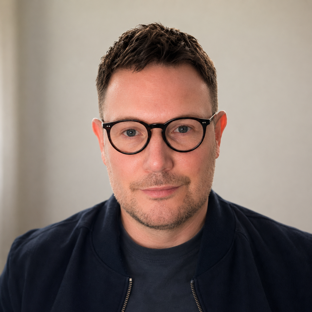 Close-up of a man with short brown hair, wearing round black glasses, a black jacket, and a dark shirt, smiling subtly against a plain gray background.