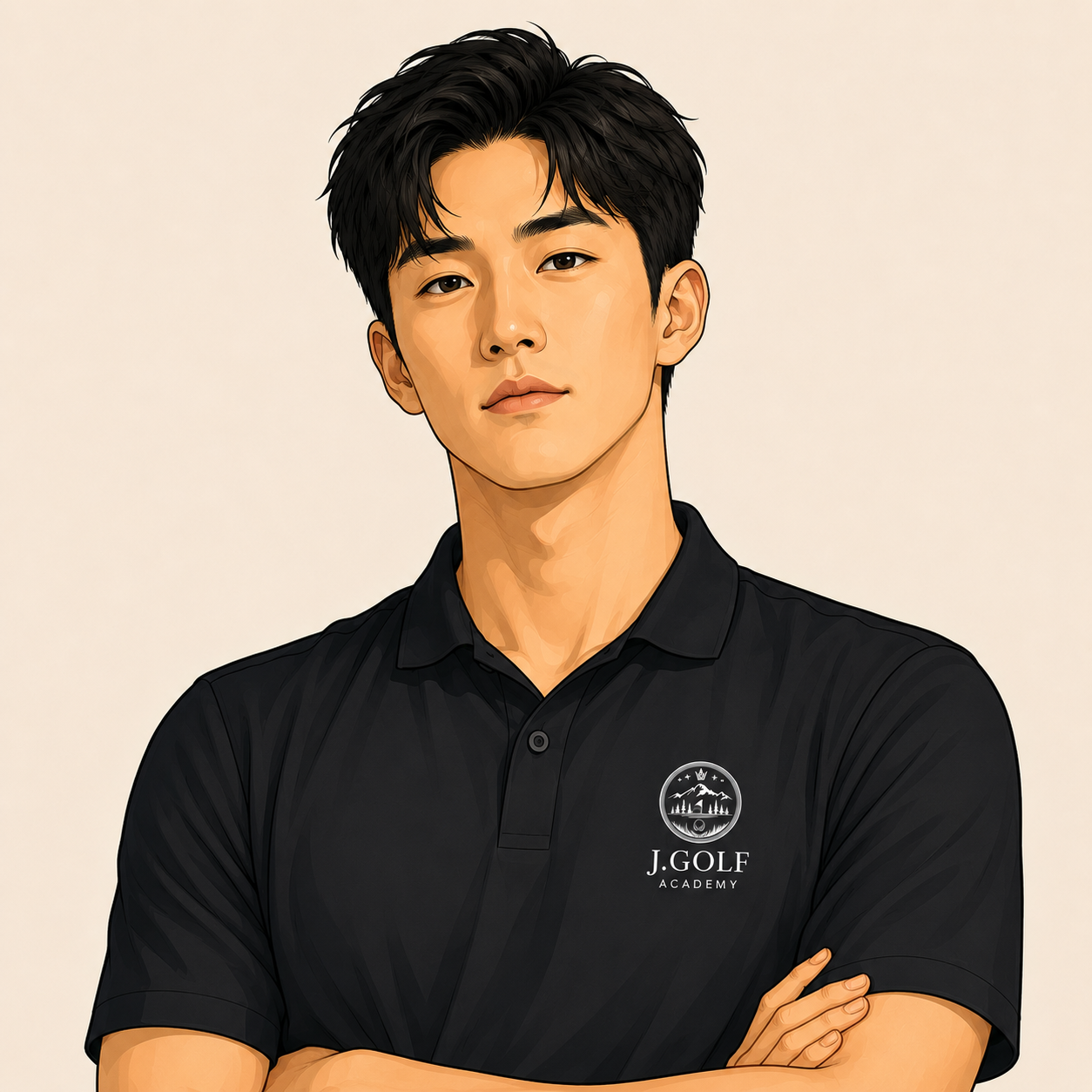 A young man with black hair wearing a black polo shirt with a 'J.GOLF ACADEMY' logo, standing with arms crossed against a plain background.