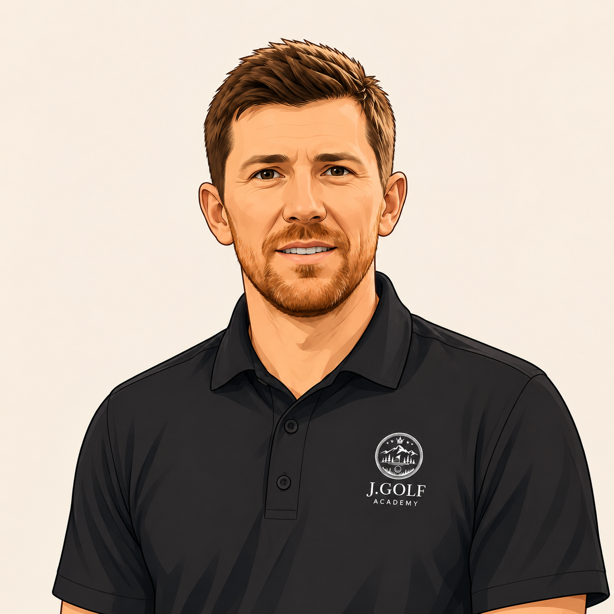 Digital illustration of a man with brown hair and a beard wearing a black polo shirt with a logo that says J. Golf Academy.