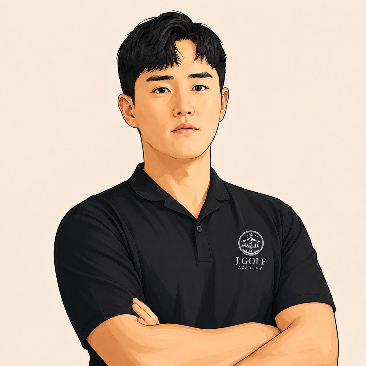 A young man with black hair and fair skin posing with arms crossed, wearing a black polo shirt with a J. Golf Academy logo on it, against a plain background.