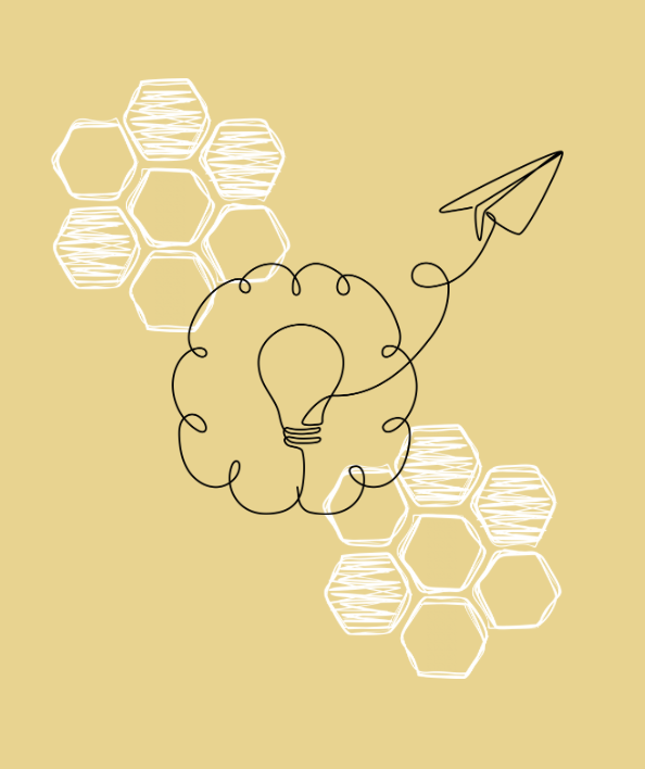 Line drawing of a lightbulb with an arrow-shaped paper airplane, surrounded by hexagons on a beige background.