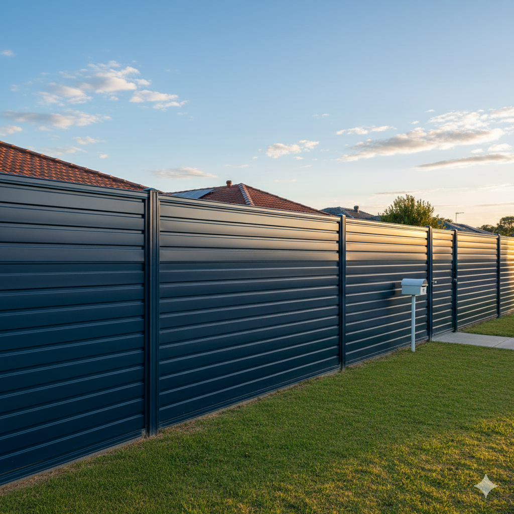 View of a dark blue metal colour steel fence in a residential neighborhood during sunset with houses, trees, and a partly cloudy sky in the background.