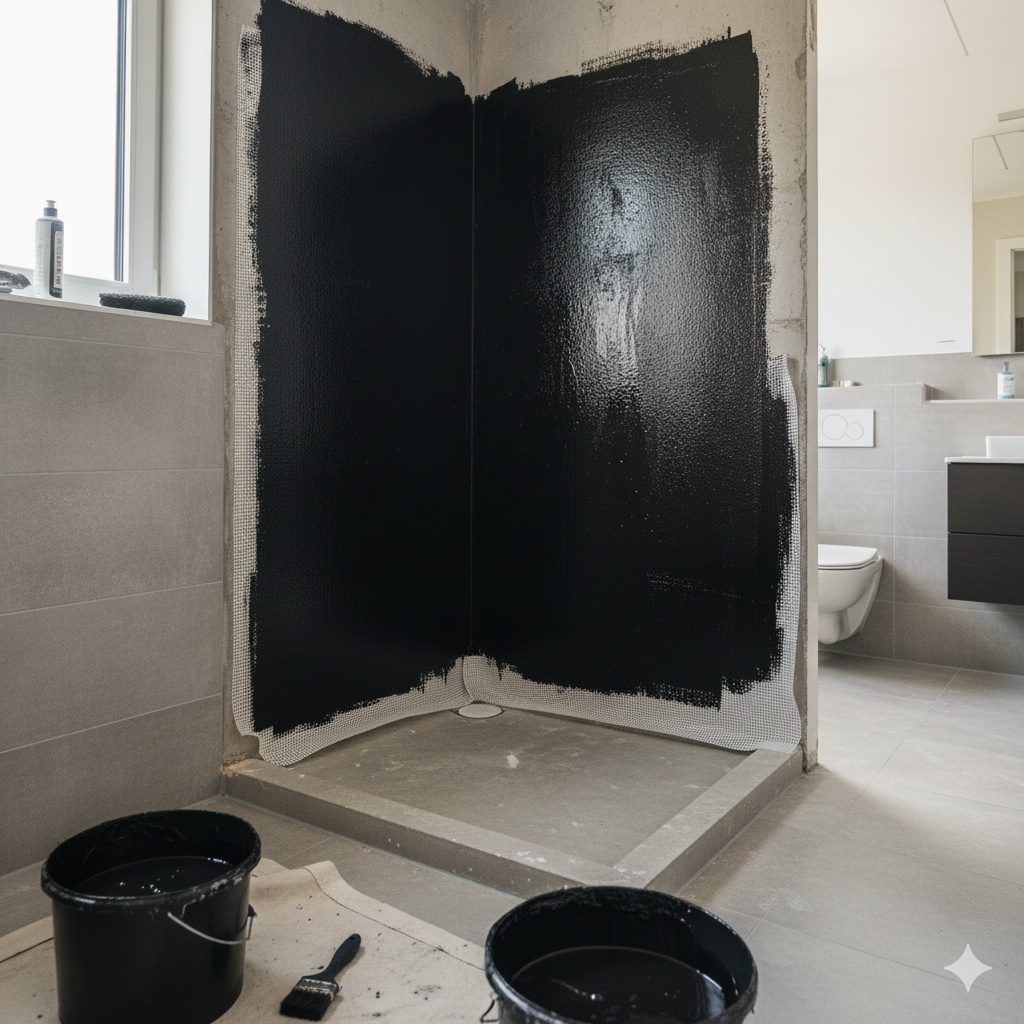 Bathroom corner with shower area being waterproofed.