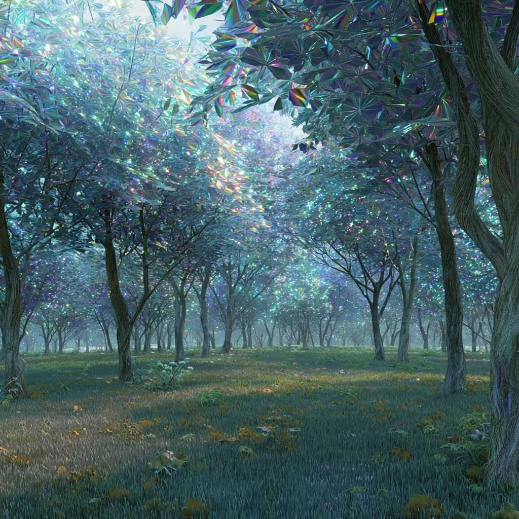 A surreal, glowing forest with trees under a shimmering, iridescent canopy of leaves, emitting colorful light specks.