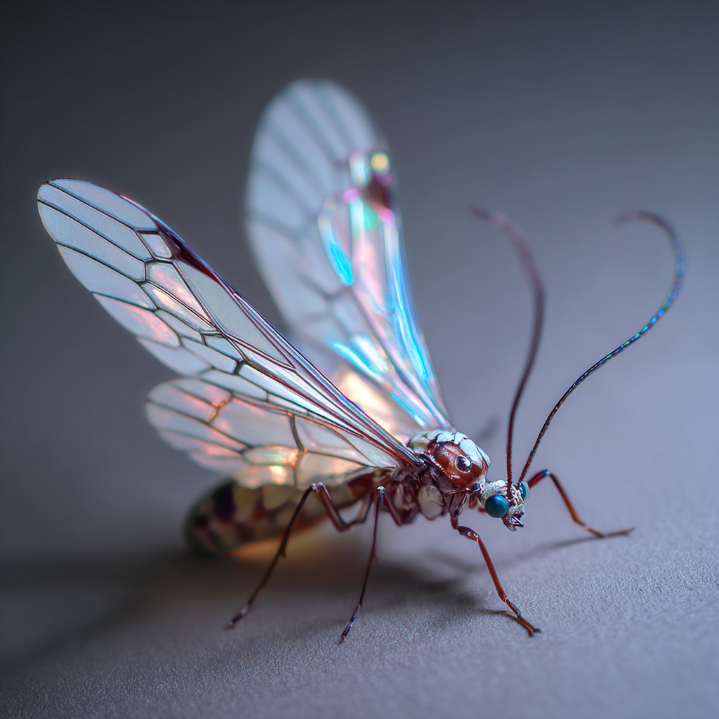 Close-up of a crystal-clear insect with shimmering, iridescent wings and a segmented body on a gray surface.