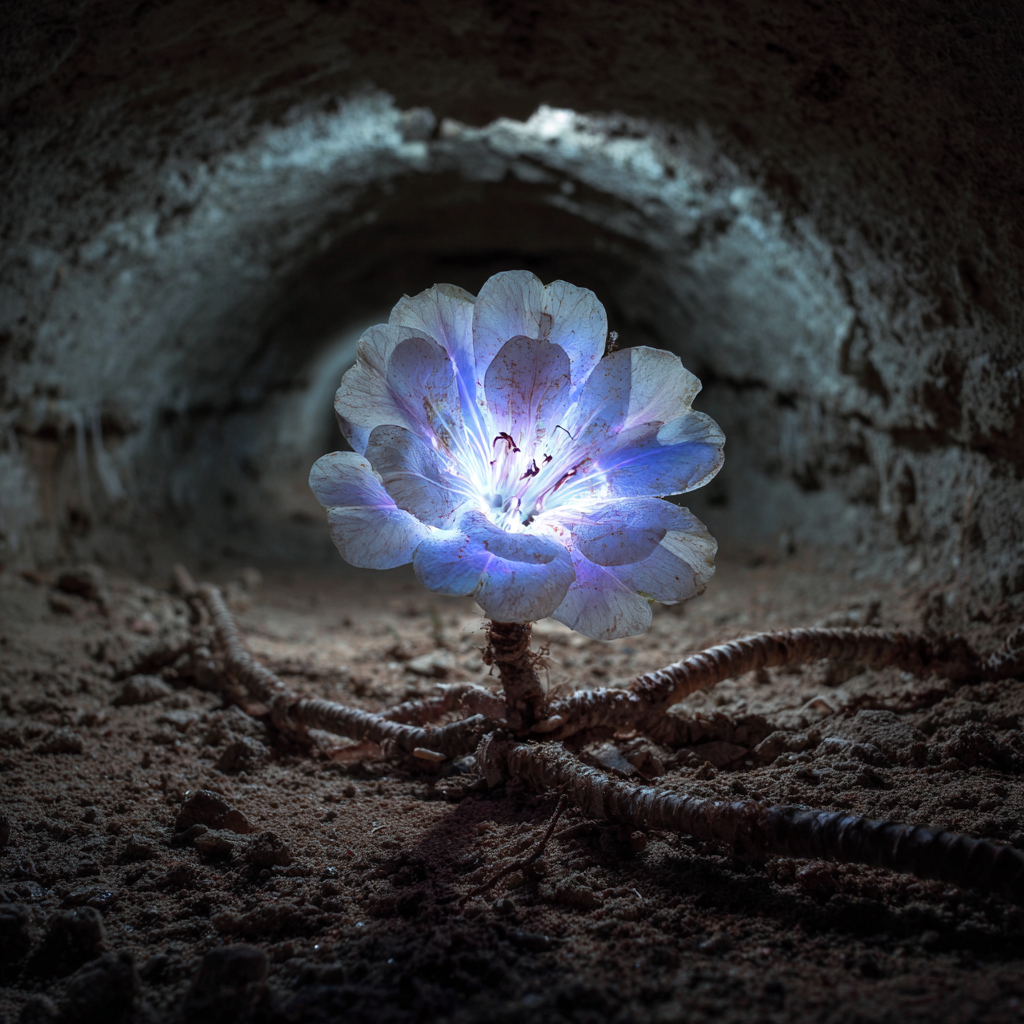 A glowing, luminescent flower with light purple, blue, and white petals is growing inside a dark tunnel with dirt ground and an arched ceiling.