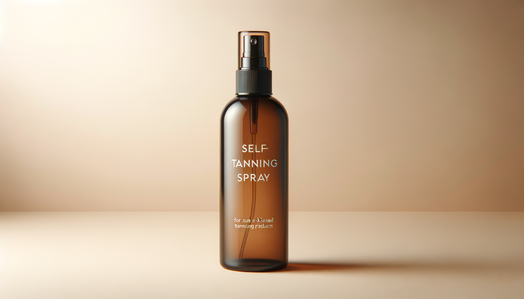 A brown spray bottle labeled 'Self Tanning Spray' with a black spray nozzle, standing on a beige surface against a gradient beige background.
