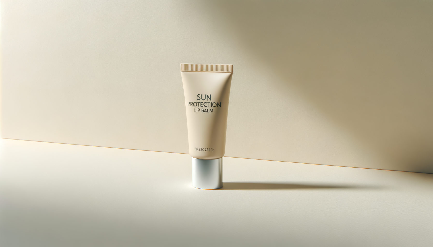 A beige tube labeled 'Sun Protection Lip Balm' standing upright on a light surface with a shadow cast to the right.