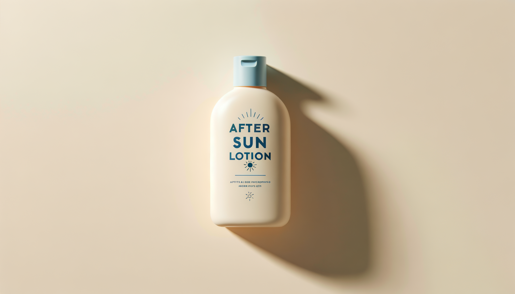 Bottle of after sun lotion with a light blue cap and white body, labeled in blue text, on a beige background with a shadow cast to the right.
