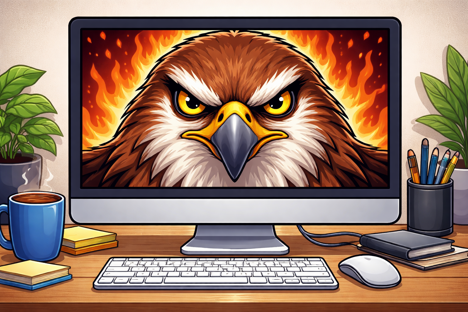 Computer monitor displaying an intense eagle with fiery background, surrounded by plants, a mug of coffee, notebooks, and pens on a wooden desk.