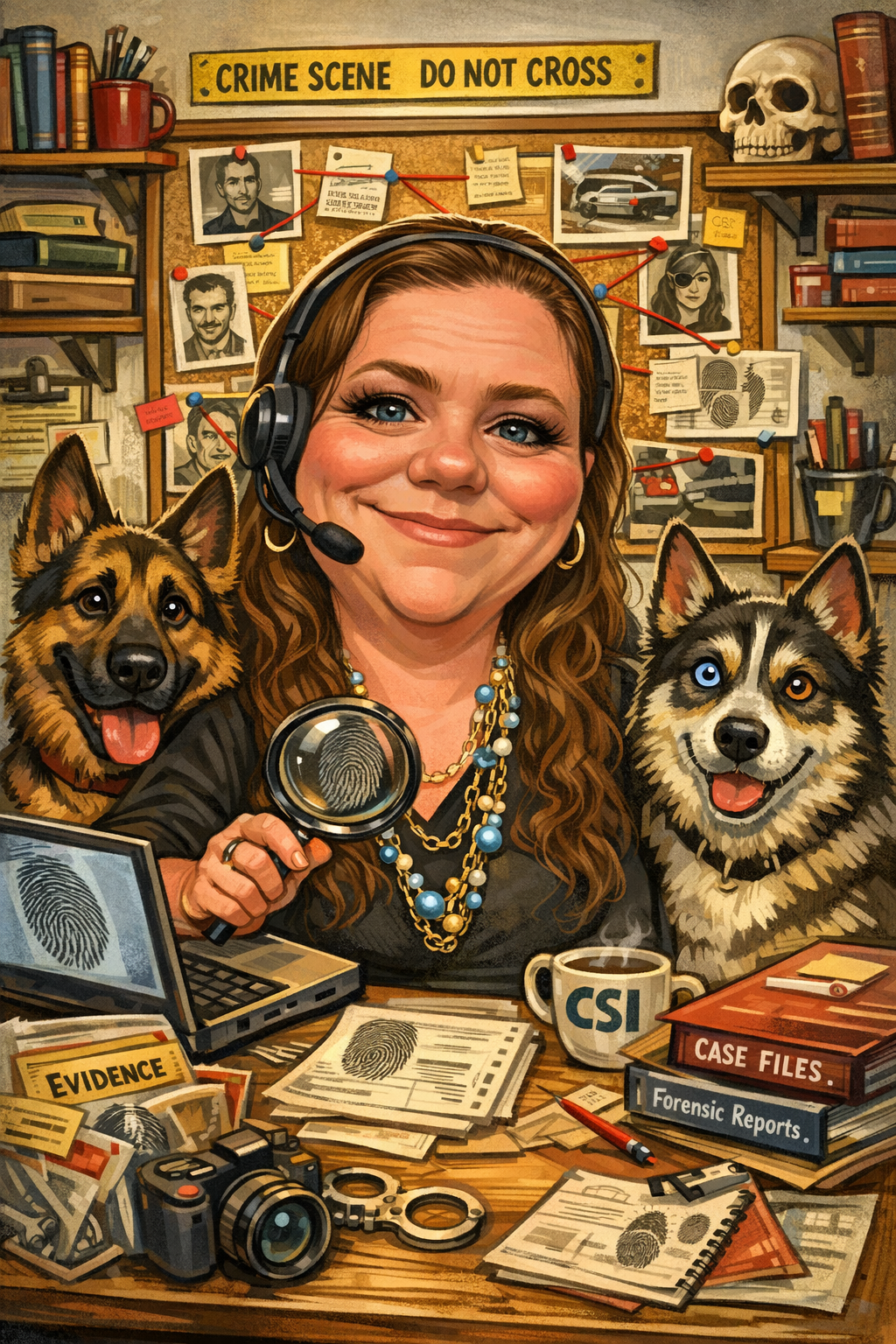 Illustration of a woman as a detective at her desk, accompanied by two dogs, with a crime scene investigation setting in the background. The desk has evidence, fingerprint documents, a camera, and case files. The woman wears a headset, holds a magnifying glass with a fingerprint, and smiles. The background includes a bulletin board with photos, notes, and crime scene photos, along with shelves of books and skull.