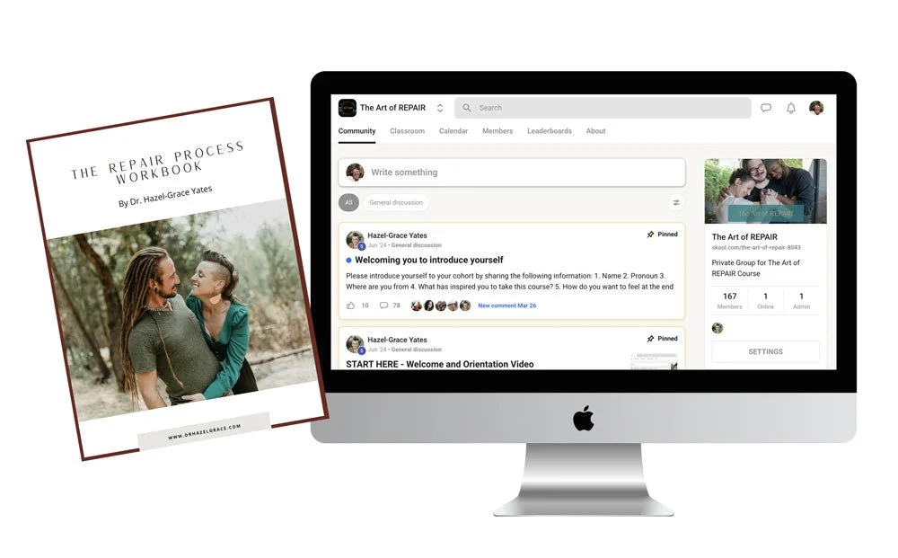 Image of a workbook titled "The Repair Process Workbook" by Dr. Hazel-Grace Yates, featuring a photo of a couple outdoors, and a computer screen displaying an online community forum for "The Art of Repair" course with posts and discussion topics.