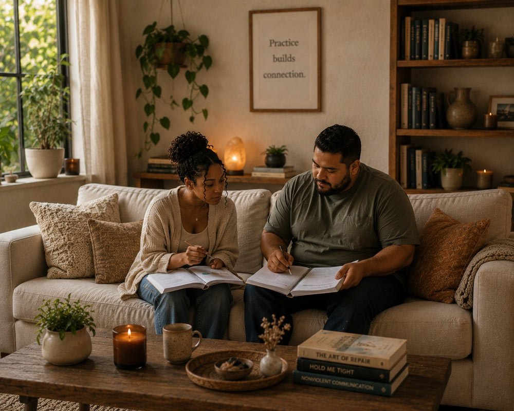 A man and a woman sitting on a beige couch in a cozy living room, looking at notebooks. There are cushions on the couch, a wooden coffee table with books, a candle, and a plant. A window with curtains and potted plants is visible in the background, along with a framed quote on the wall that reads 'Practice builds connection.'