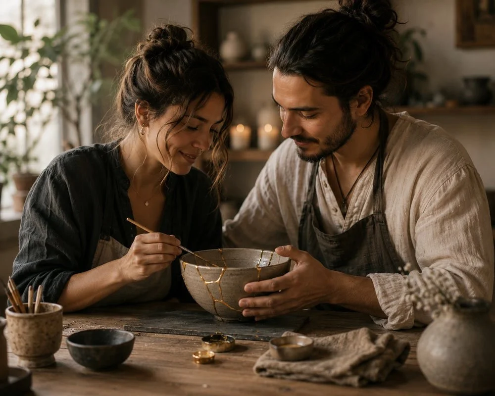 Two people, a man and a woman, are smiling and working to glue the pieces of a ceramic bowl back together using the kintsugi method,  at a rustic wooden table, surrounded by pottery and craft supplies in a cozy, warmly lit kitchen or studio.
