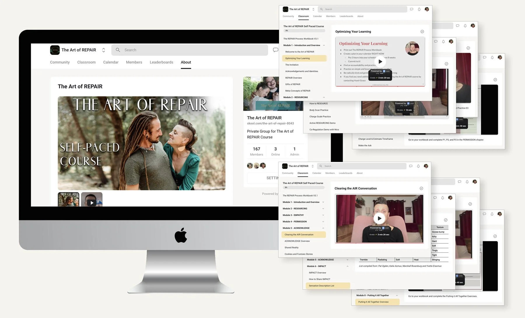 Multiple overlapping digital course screens on an iMac monitor displaying The Art of REPAIR self-paced course webpage, with videos, modules, and content outlines visible.